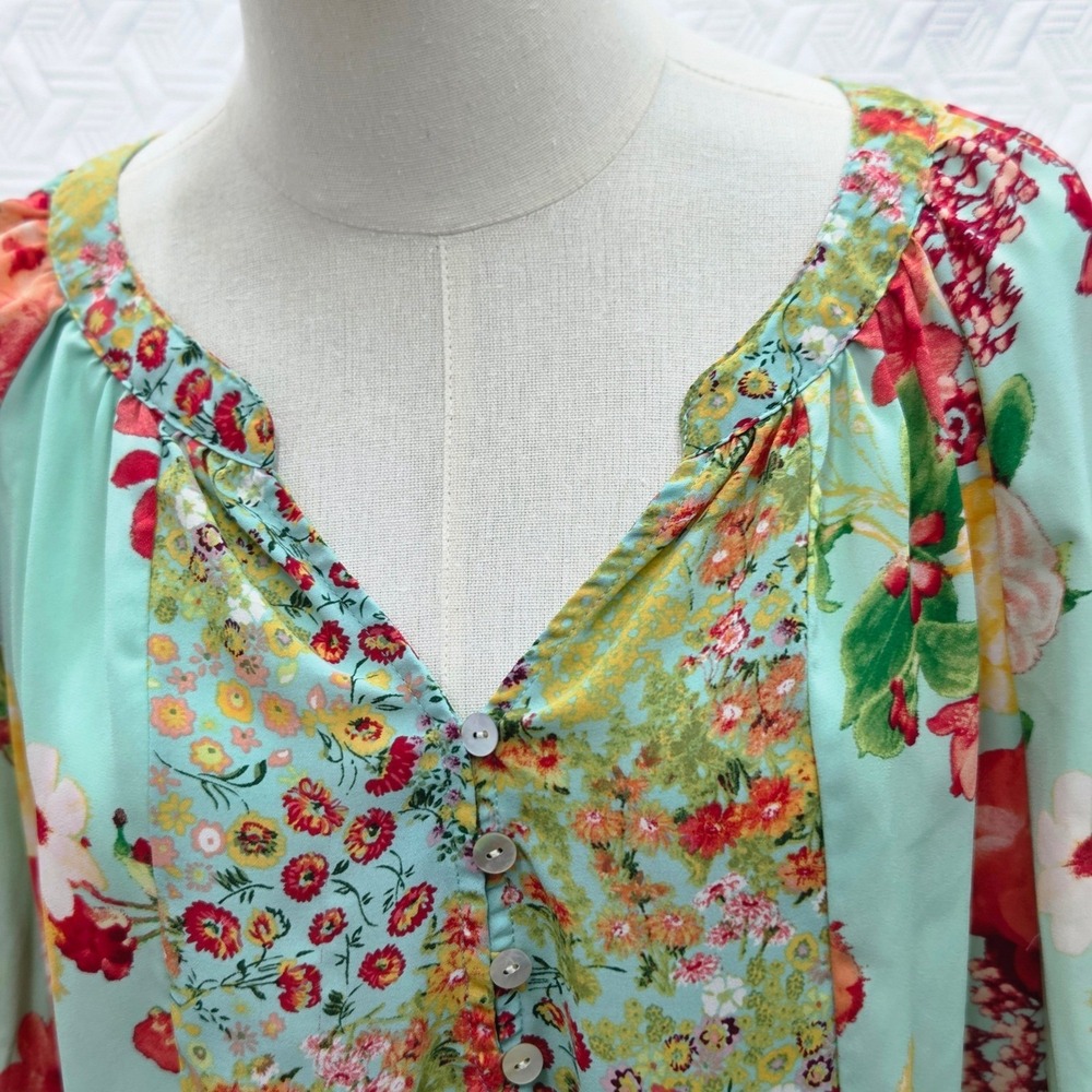Valerie Stevens Blouse Floral Boho WomenXL Mint Green Mixed Print Balloon Sleeve - Picture 3 of 8